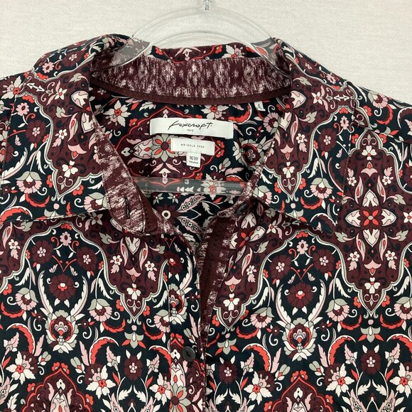 Foxcroft Red Black Floral Wrinkle Free 3/4 Sleeve Button Down size 16W Office - Picture 3 of 11